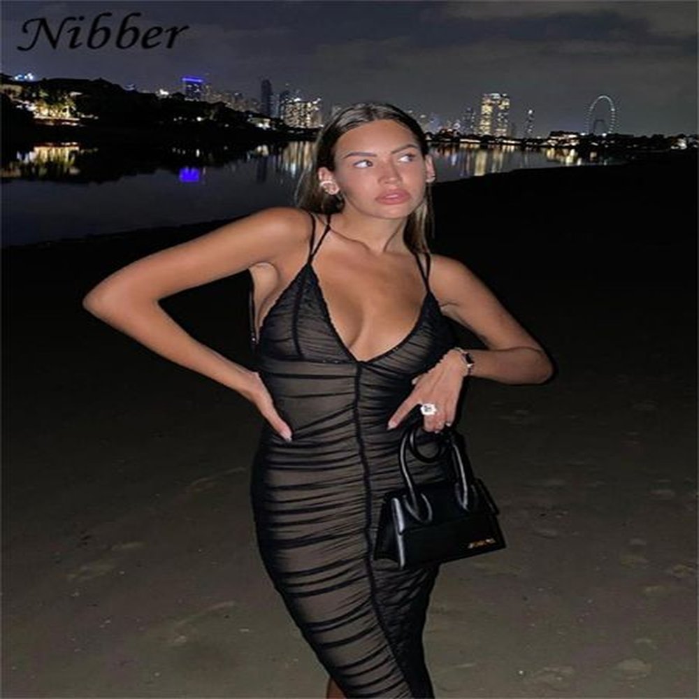 basic casual dresses nibber gaun prom panjang berlipat jaring seksi