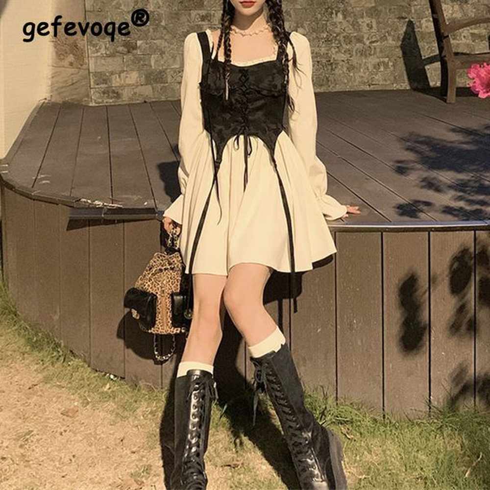 basic casual dresses spring autumn vintage patchwork yk sweet kawaii