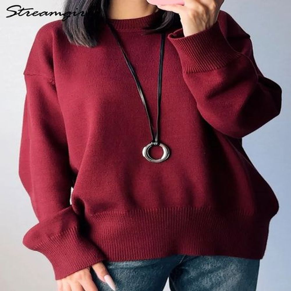 basic winter burgundy oversized sweater womens oneck warm pull loose
