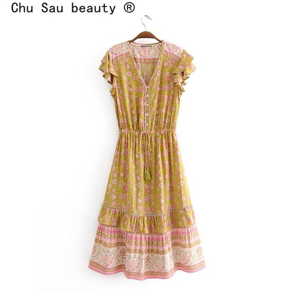 beauty fashion boho floral print midi dress women holiday chic