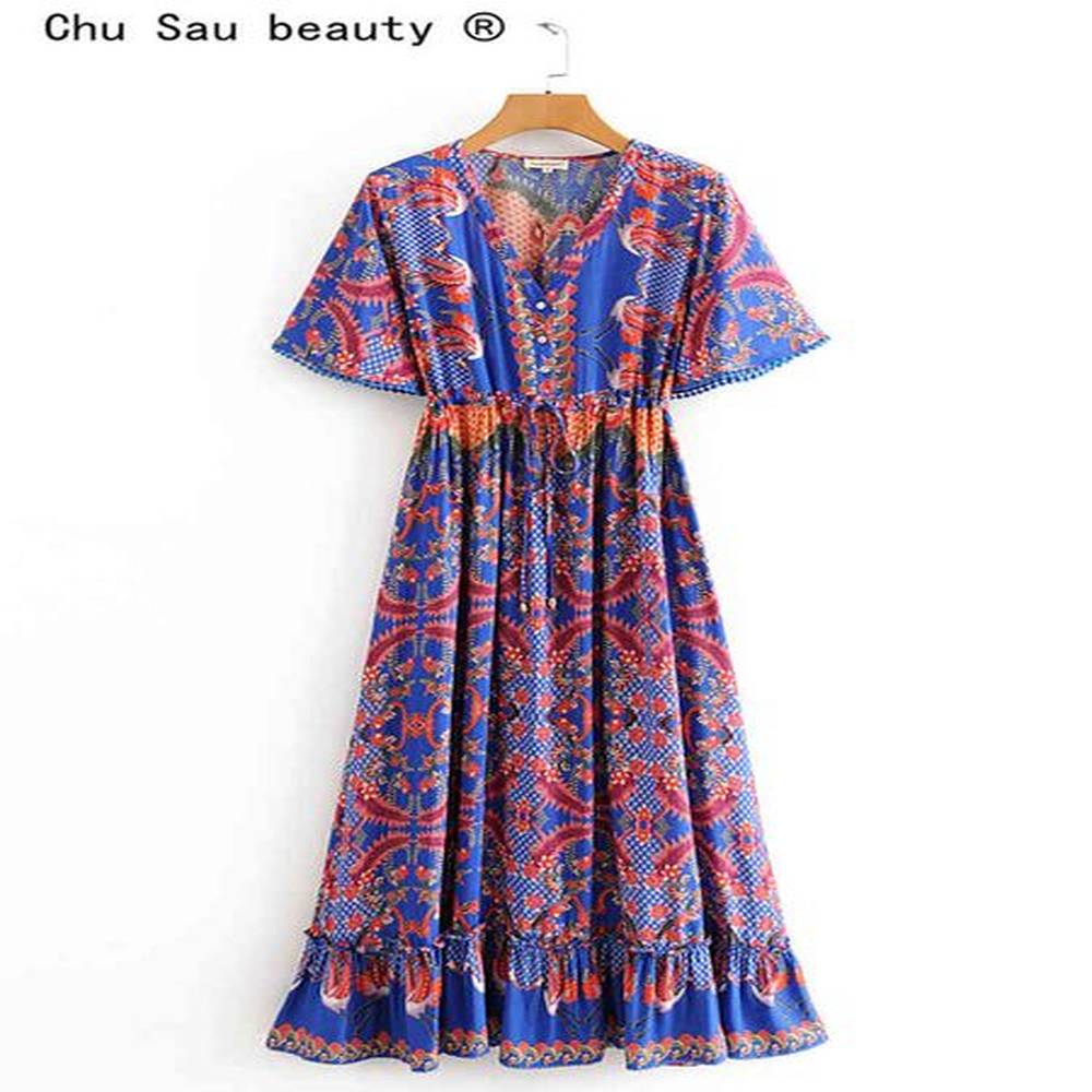 beauty fashion boho vintage print maxi dress women holiday chic