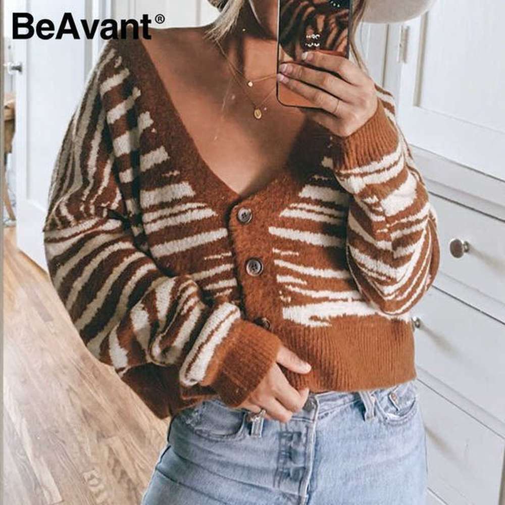 beavant causal brown stripe autumn winter women cardigan office lady