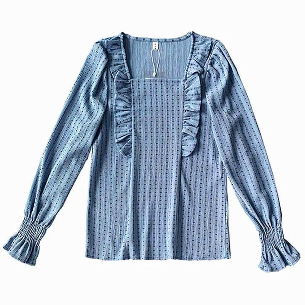 beige blue long sleeve slash neck ruffle blouse women longsleeve