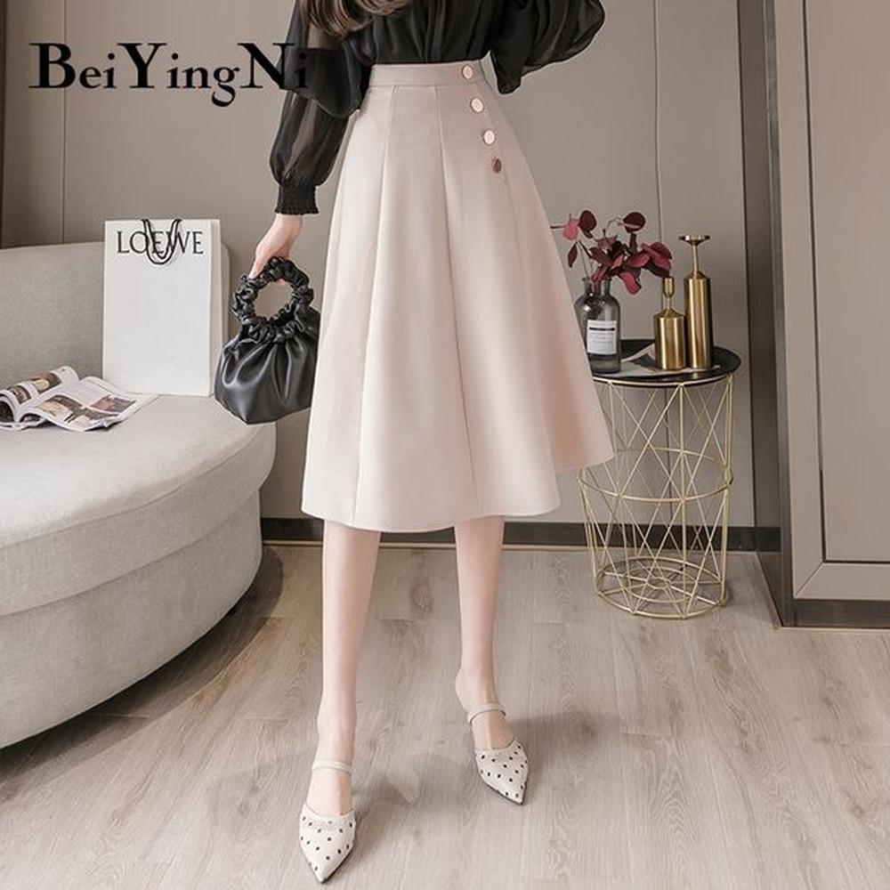 beiyingni swing women skirt buttons elegant korean casual solid color