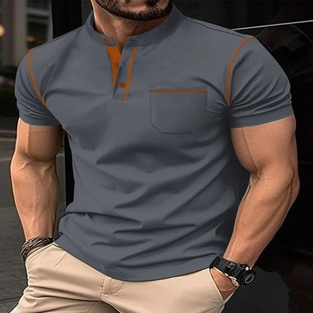 2024 best-selling mens Henry collar POLO shirt Short sleeve solid color button sports fashion casual pocket slim POLO shirtXJ241025