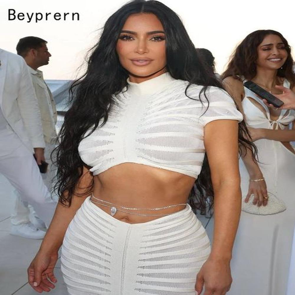beyprern kim kardashians sheer white knit twece dress elegant seethrough