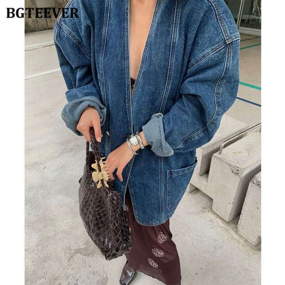 bgteever vintage long sleeve loose women denim jackets autumn fashion