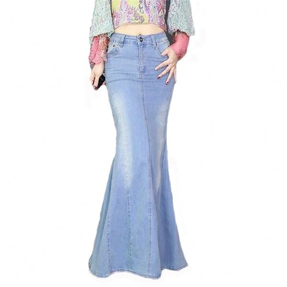 big fish tail denim skirt women mermaid stretchy light blue