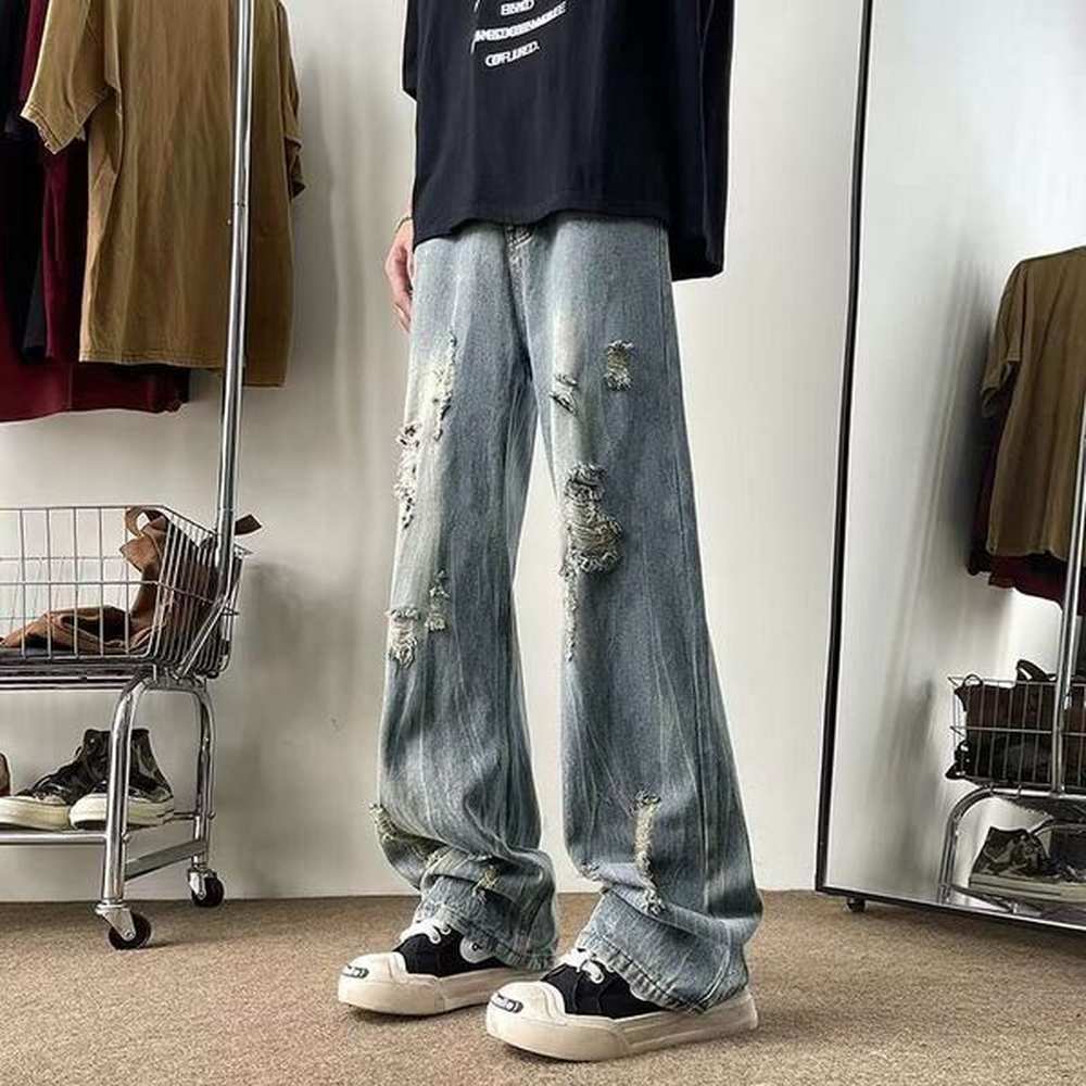 Black beggar ripped jeans trendy men's summer thin American high street vibe straight tube work wide leg pants