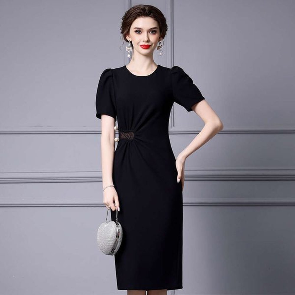 black bubble sleeve dress highend and atmospheric pleated waist nail