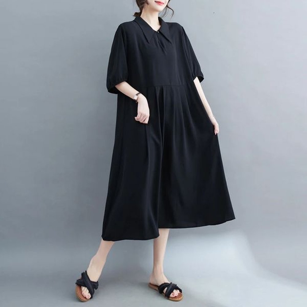 black chiffon long shirt dress women polo collar vintage