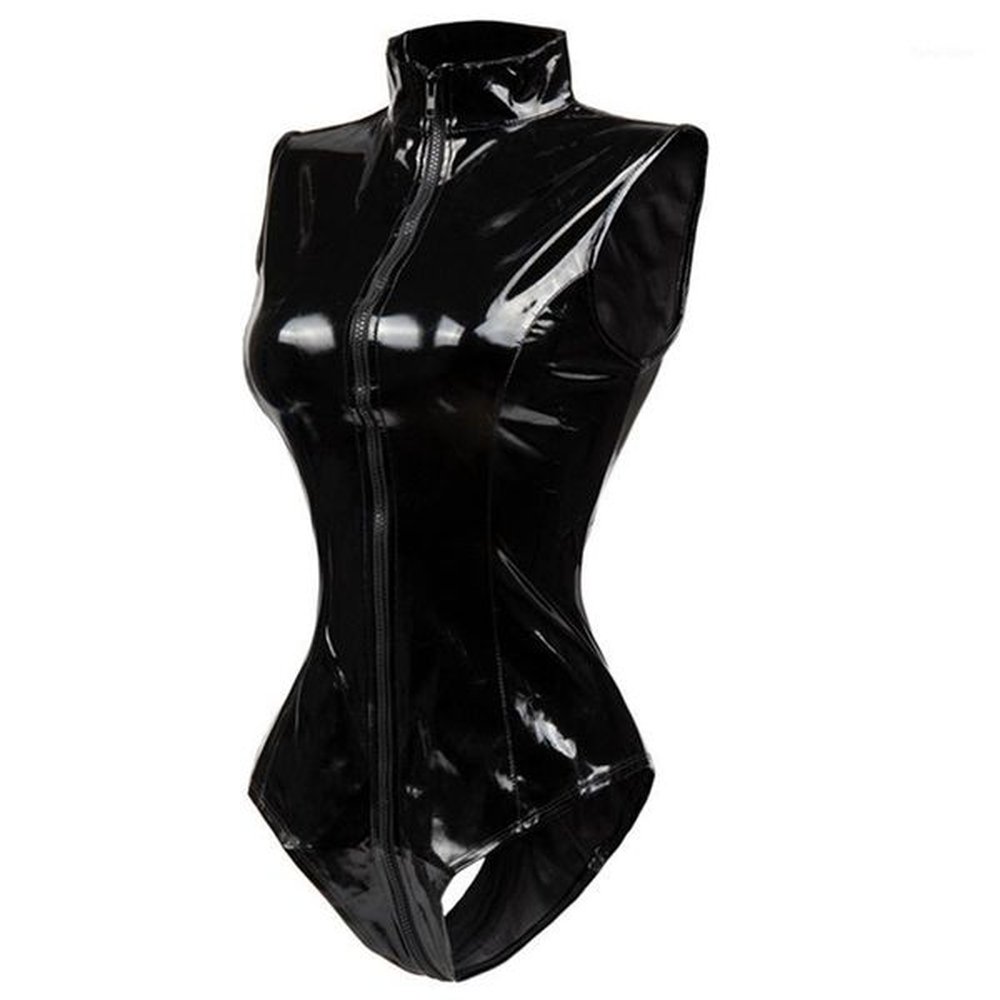 black crotch zipper sleeveless sexy spandex bodysuit leather latex catsuit