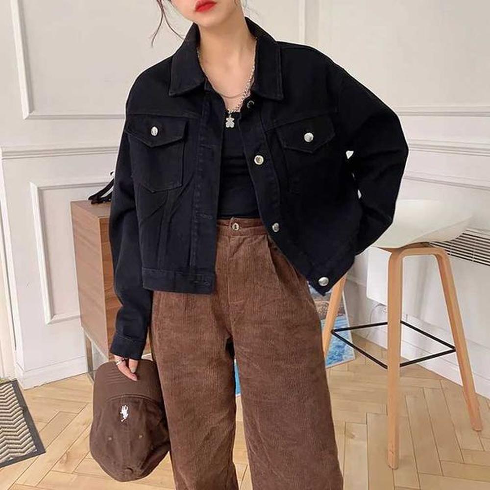 black denim jacket women elegant retro long style lapel loose