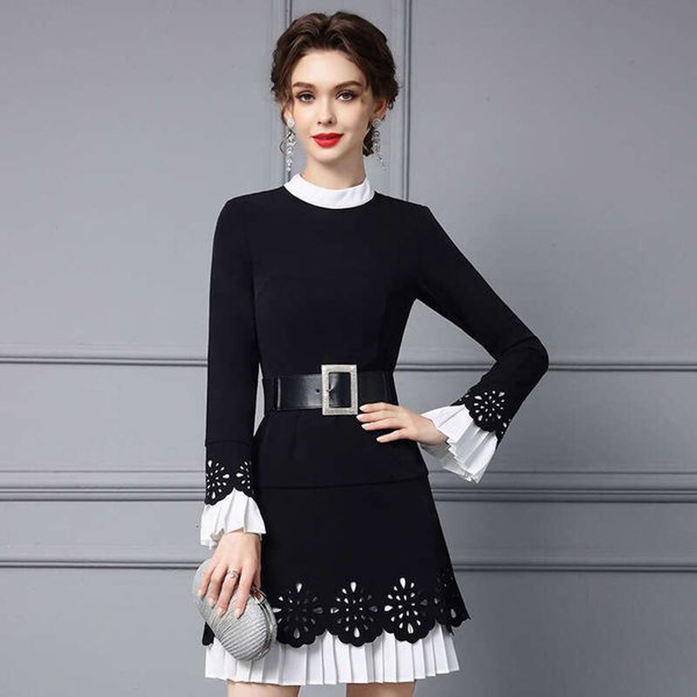 black dress autumn new long sleeve fake two piece