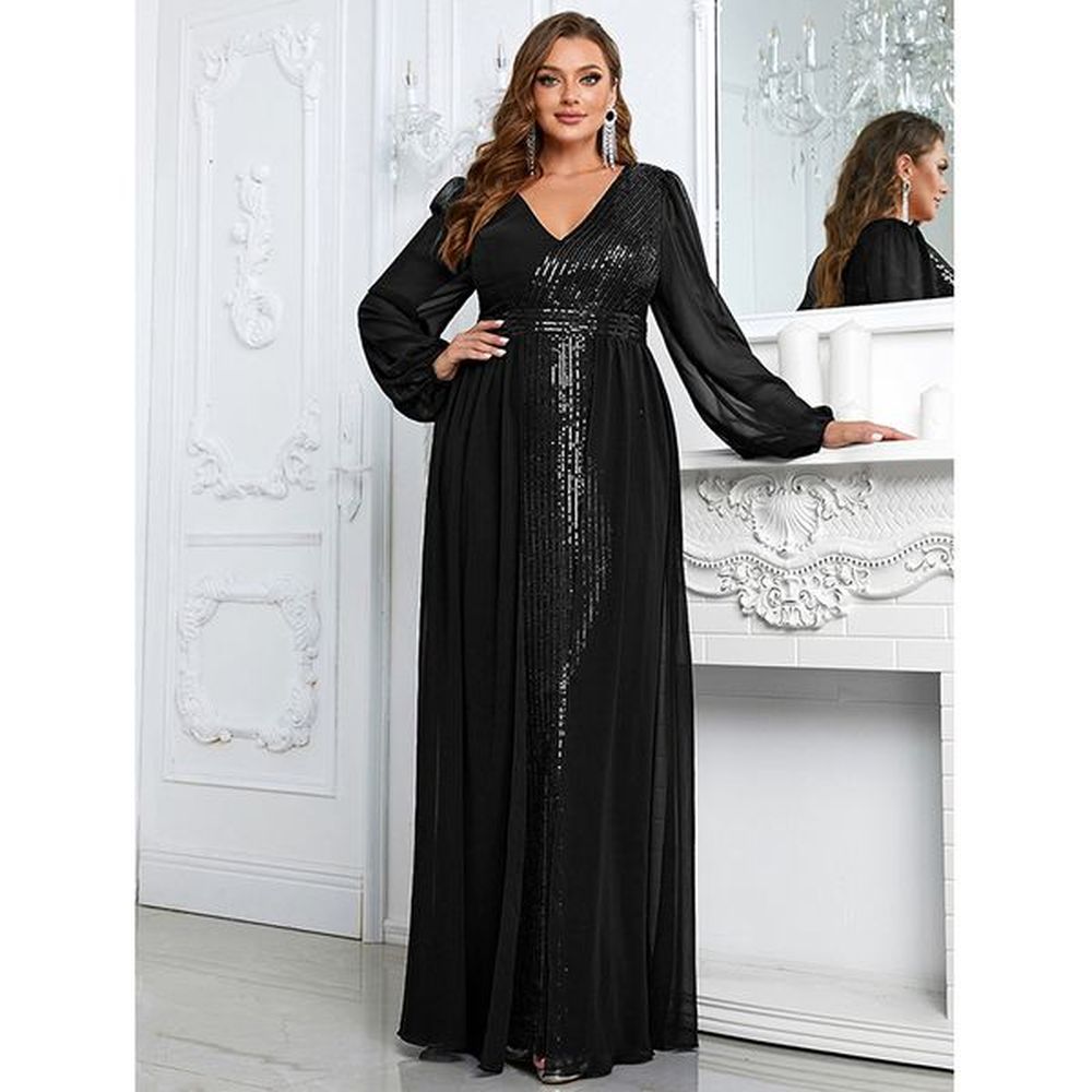 black dress women long sleeve v neck chiffon sequined elegant