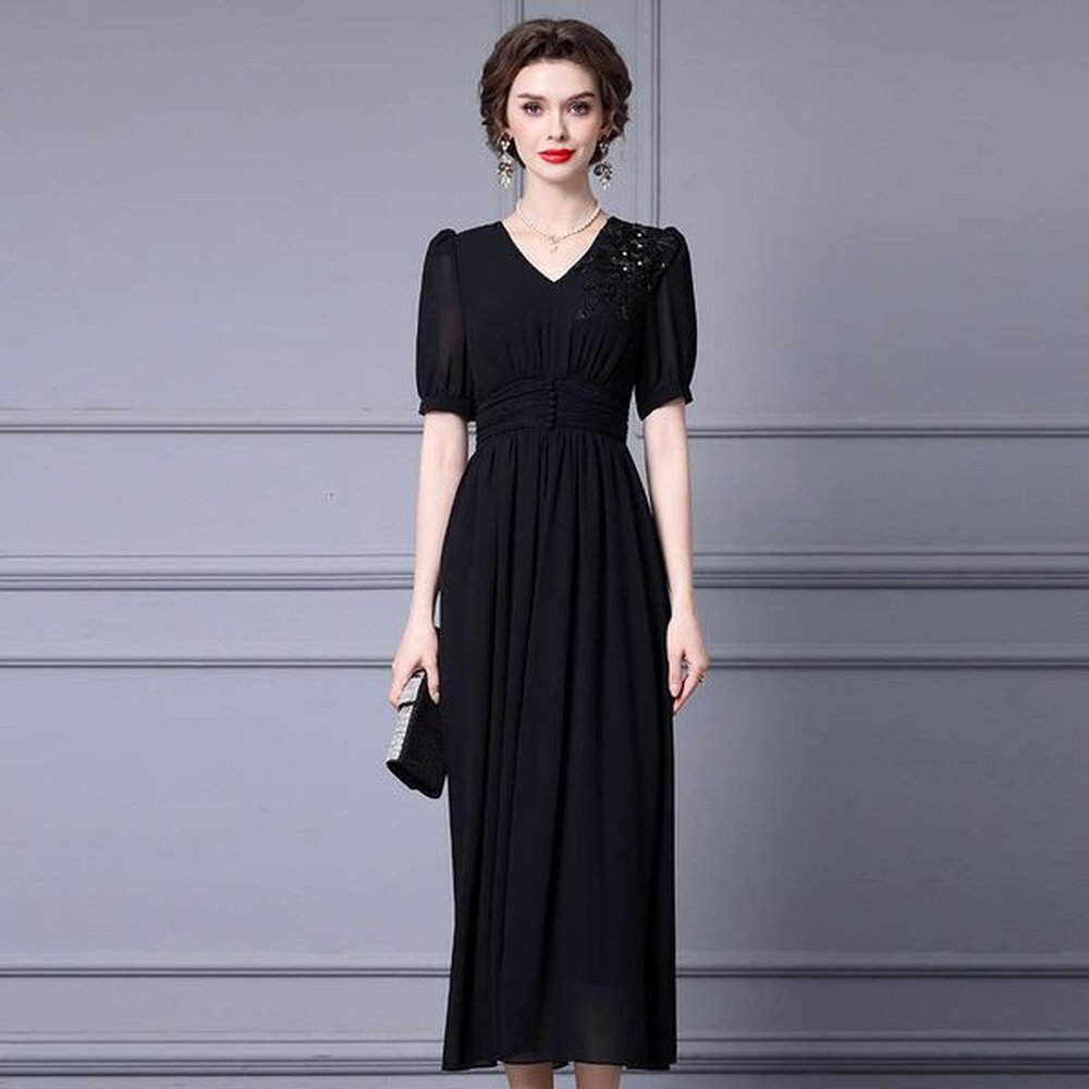 black flowing romantic big swing with heavy embroidery nail drill
