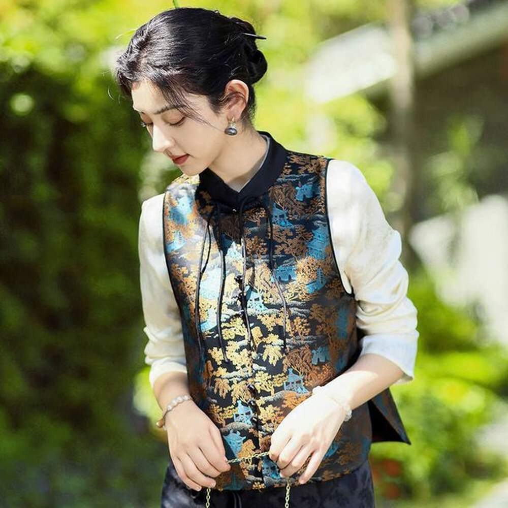black jacquard stand up collar buckle new chinese style outerwear
