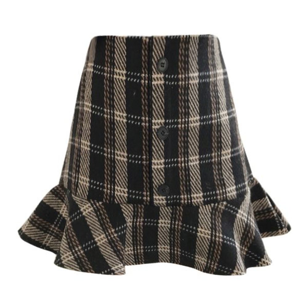 black khaki mermaid trumpet empire button ruffle skirt plaid tweed