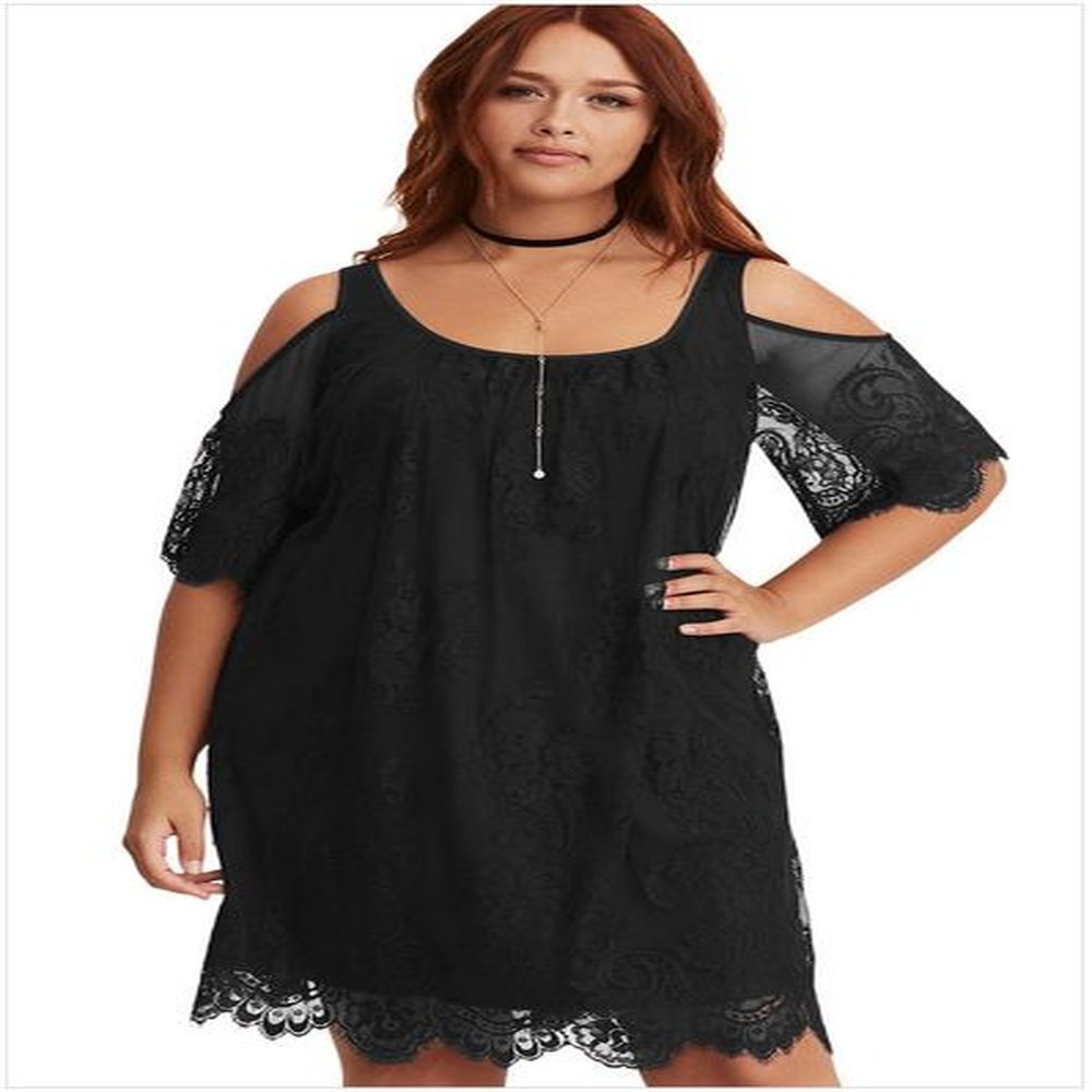 black plus size lace cold shoulder trapeze dress women sexy