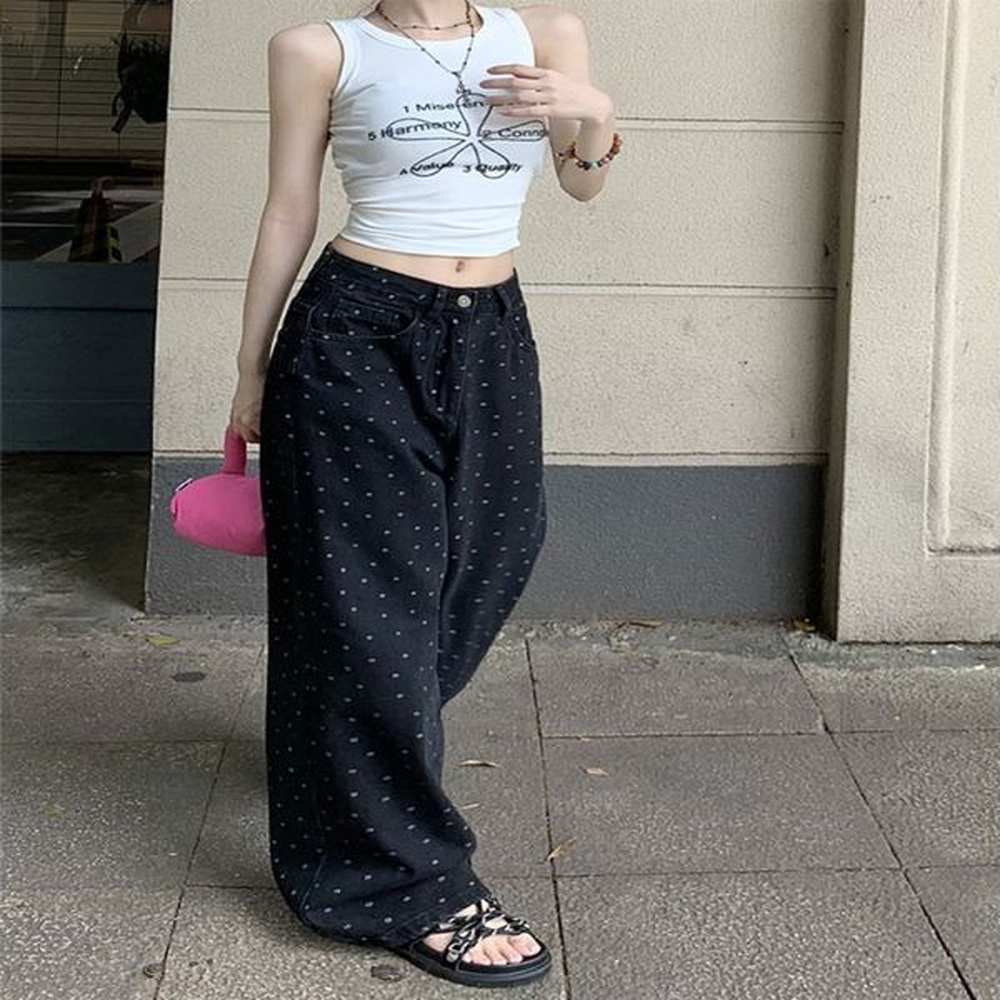black polka dot straight jeans women highwaisted loose wide leg