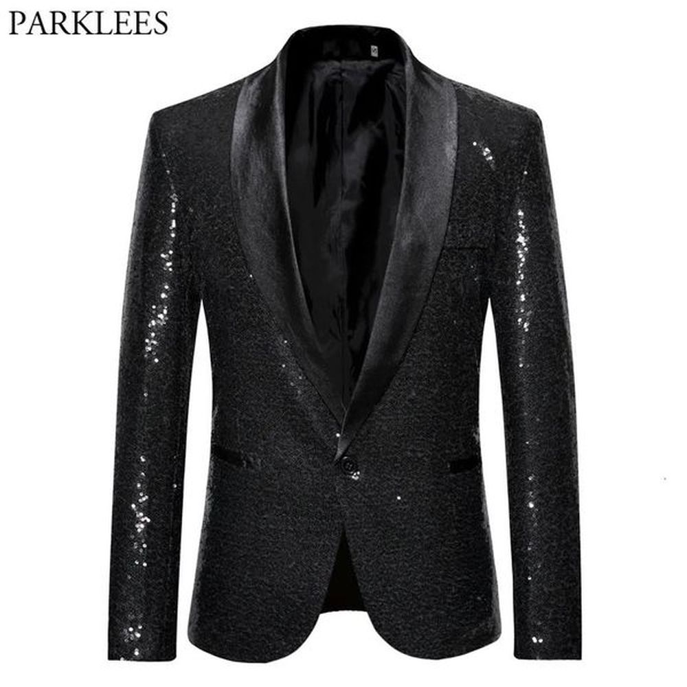 Black sequin single button shawl collar jacket mens sparkling nightclub dance DJ stage costume 250208