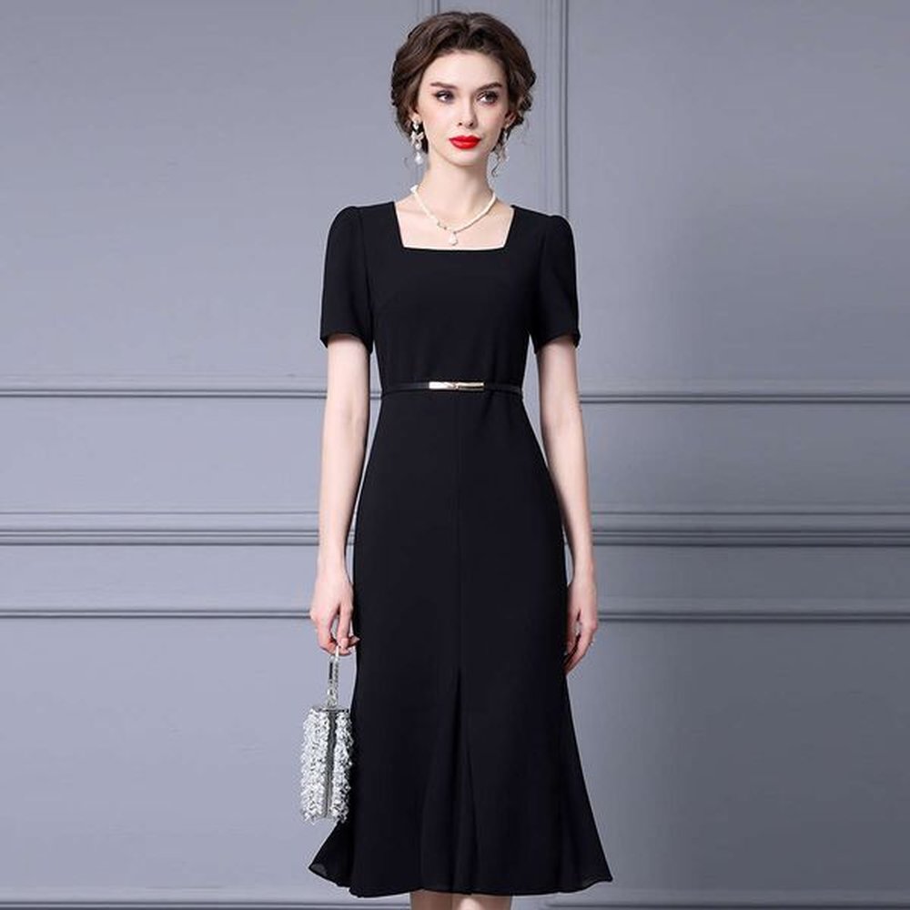 black square neck dress for summer dignified elegant generous