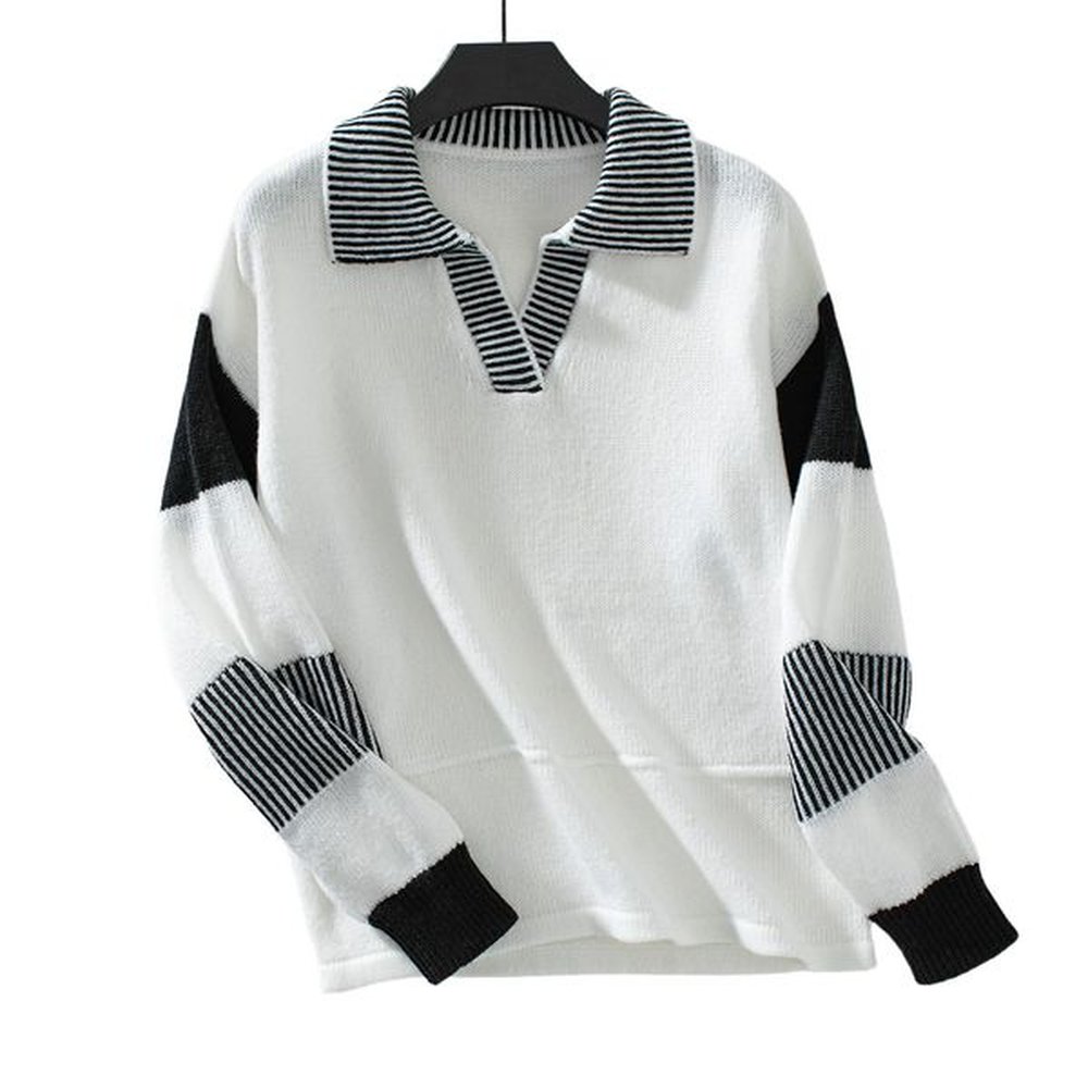 black white striped polo collar womens casual sweater knitwear color