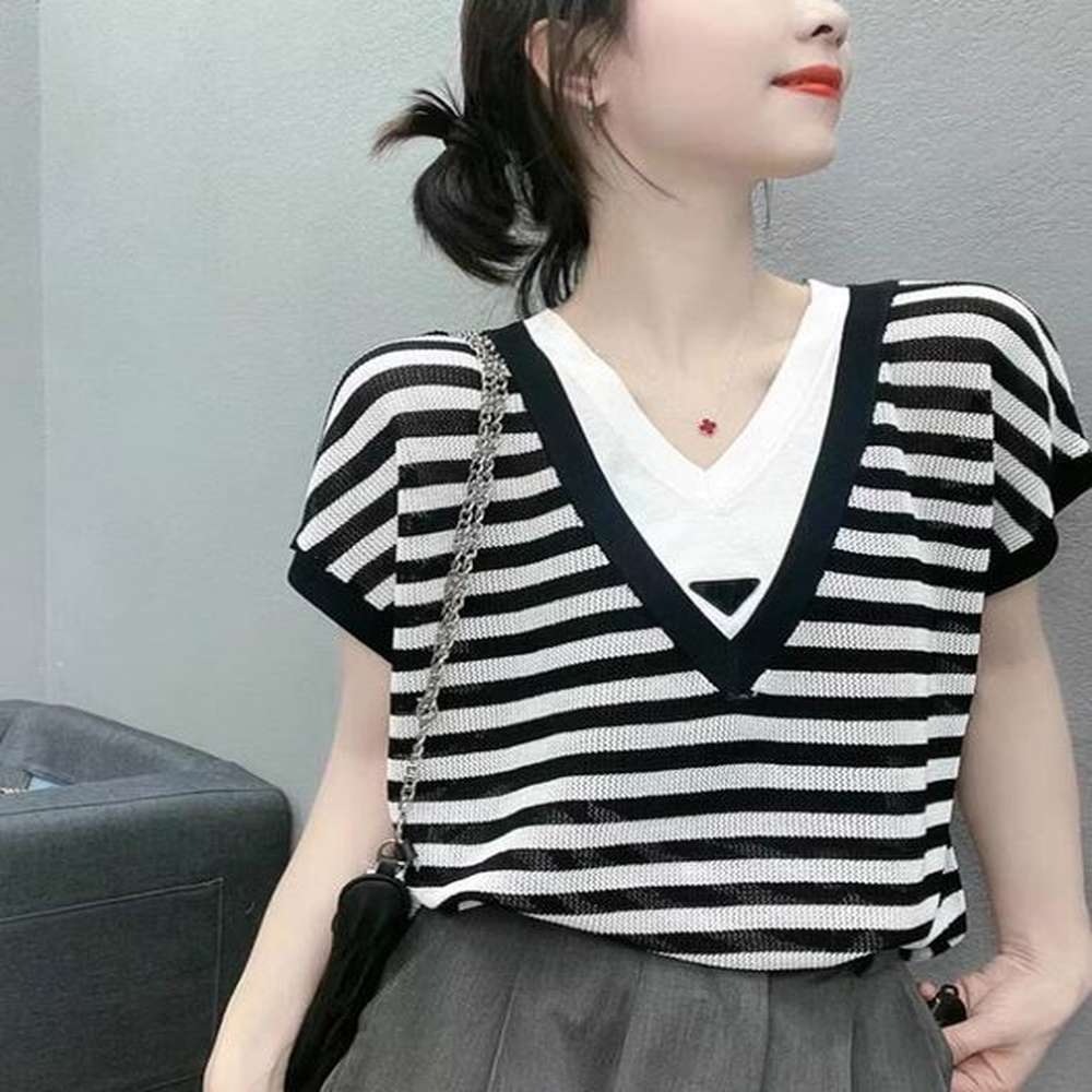 black white stripes designer t shirt for women summer short