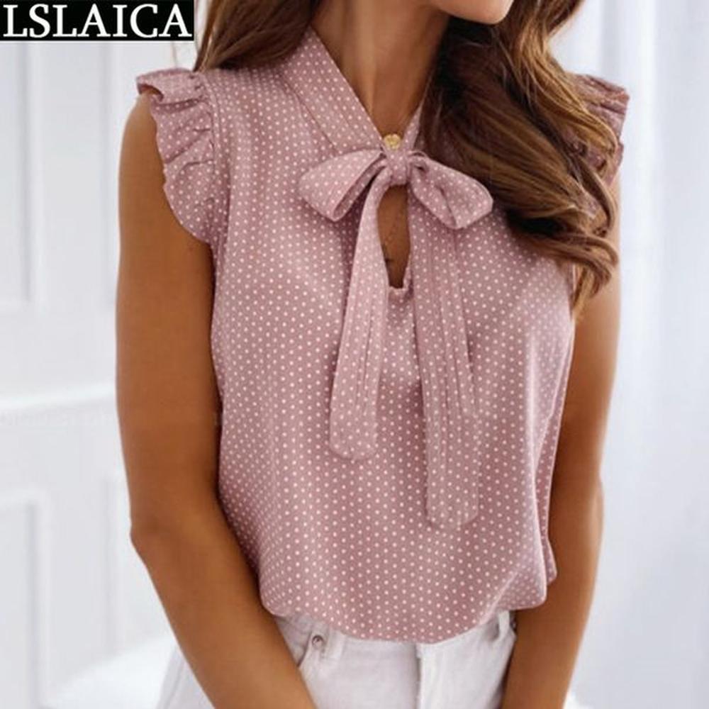 blouse women fashion polka dot sleeveless bow collar tops summer
