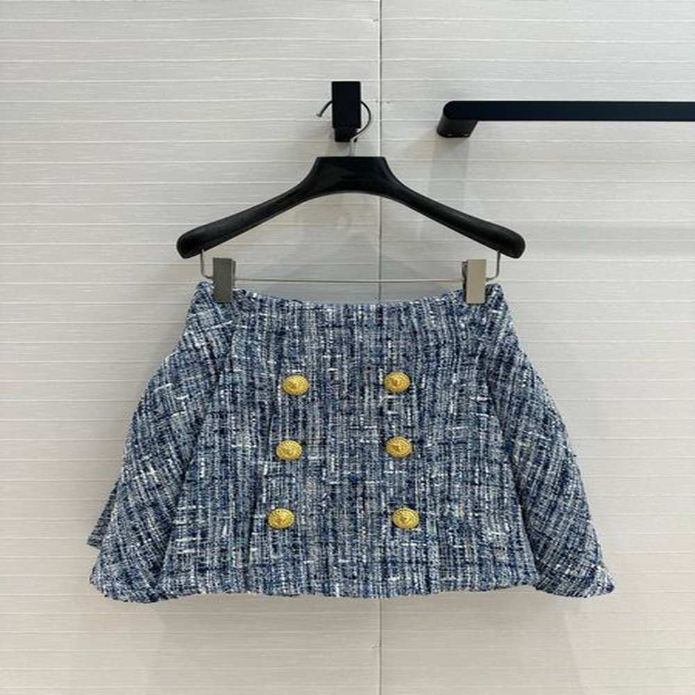 blue and white woven pleated double breasted half skirt
