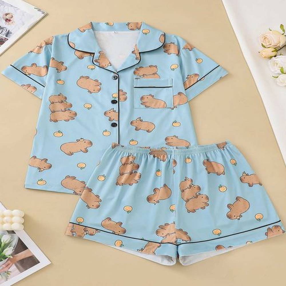 blue background cute capybara cardigan womens pajamas set short sleeved