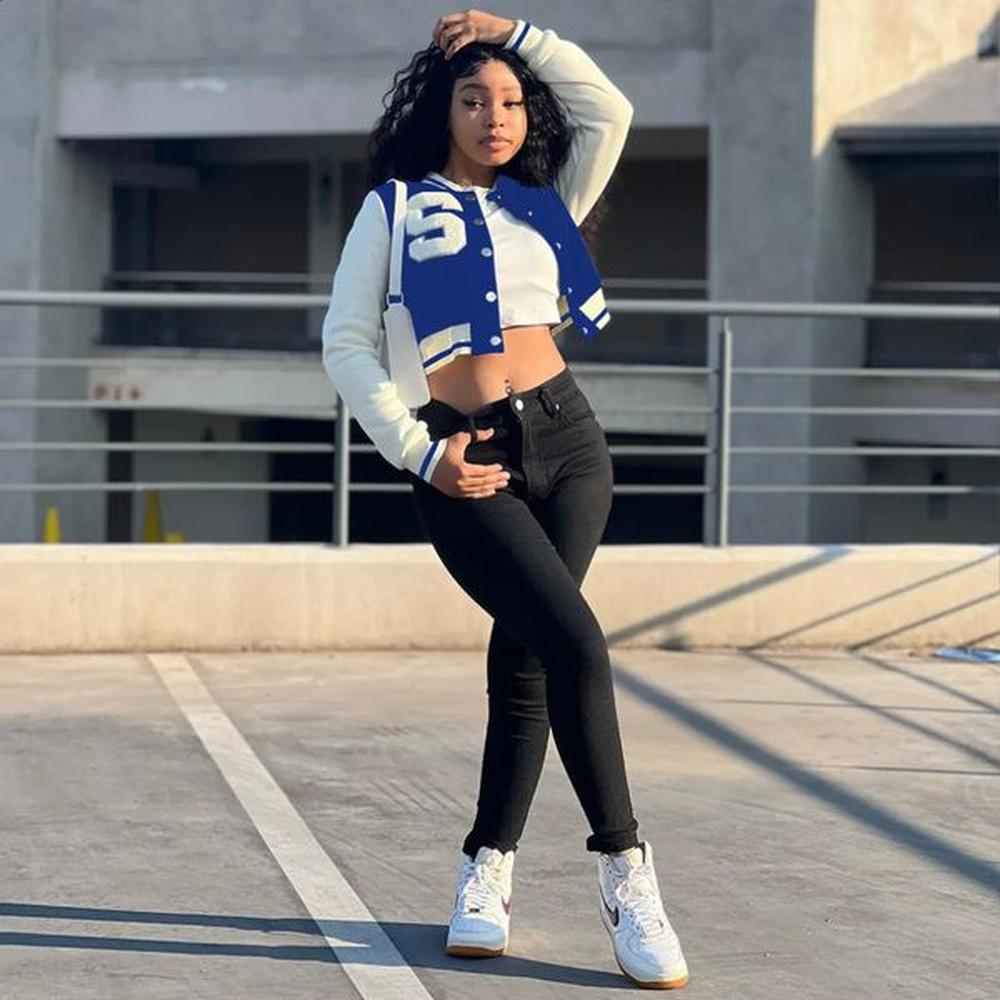 blue baseball jacket womens letter printed button vneck long sleeved