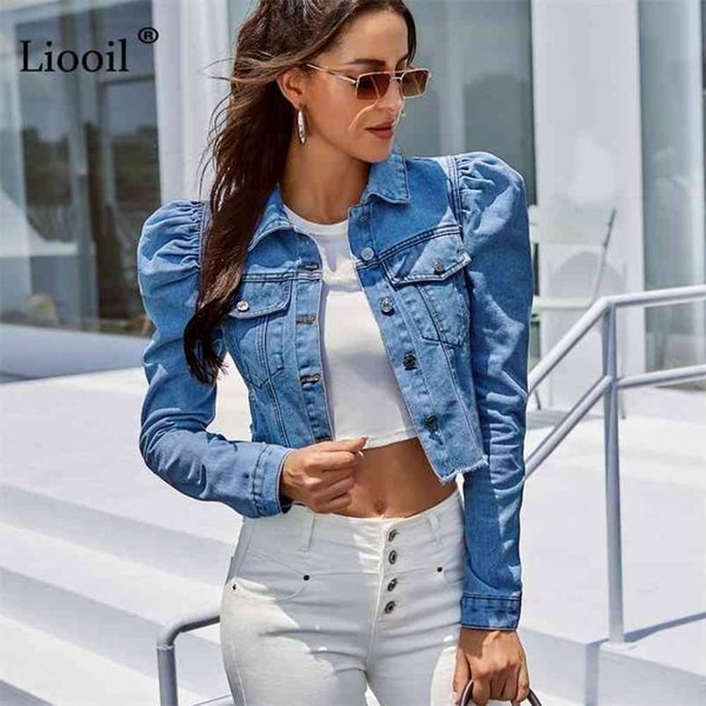blue cropped denim jacket puff sleeve with button pockets vintage