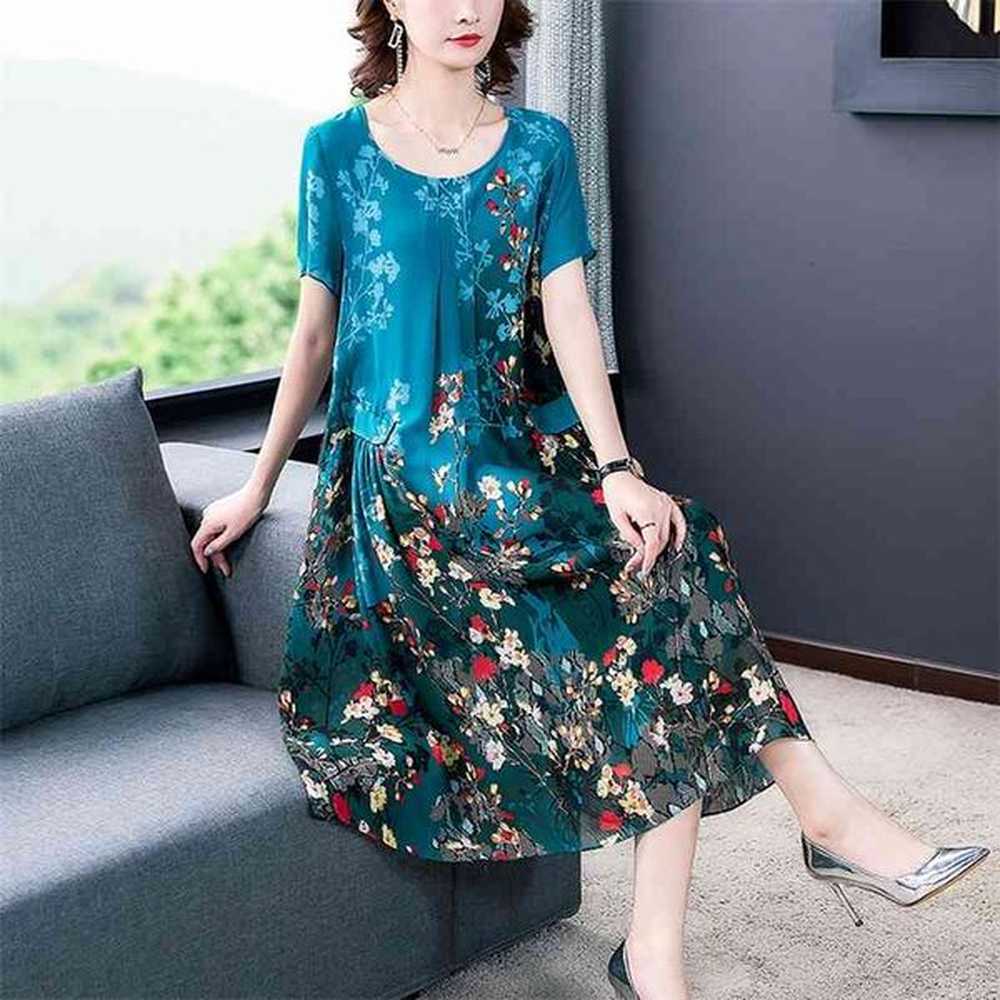blue floral chiffon vintage midi dresses elegant female xl plus