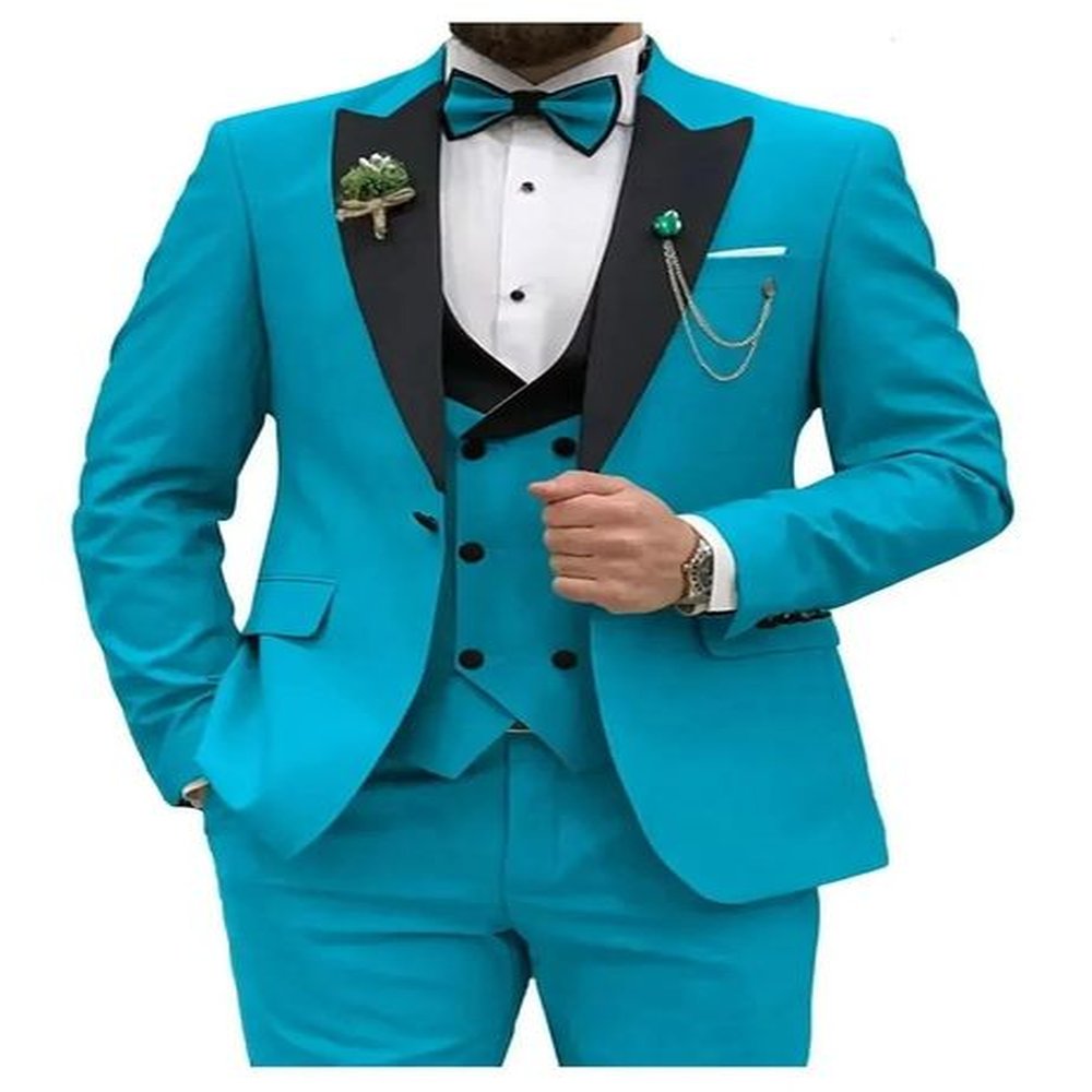 Blue Men Suits Slim Fit 3 Piece Double Breasted Suit Wedding Prom Party BusinessBlazerVestPants for 250103