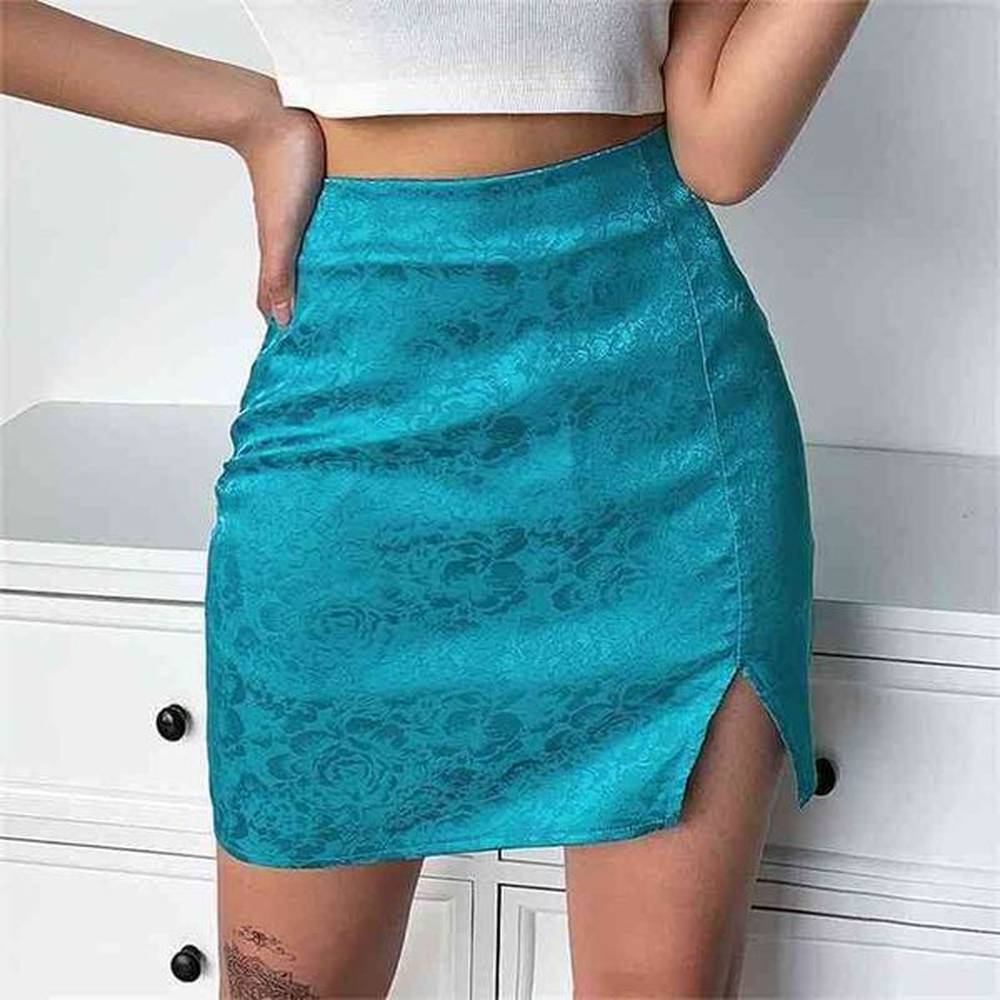 blue satin skirt woman summer high waist sexy split vintage