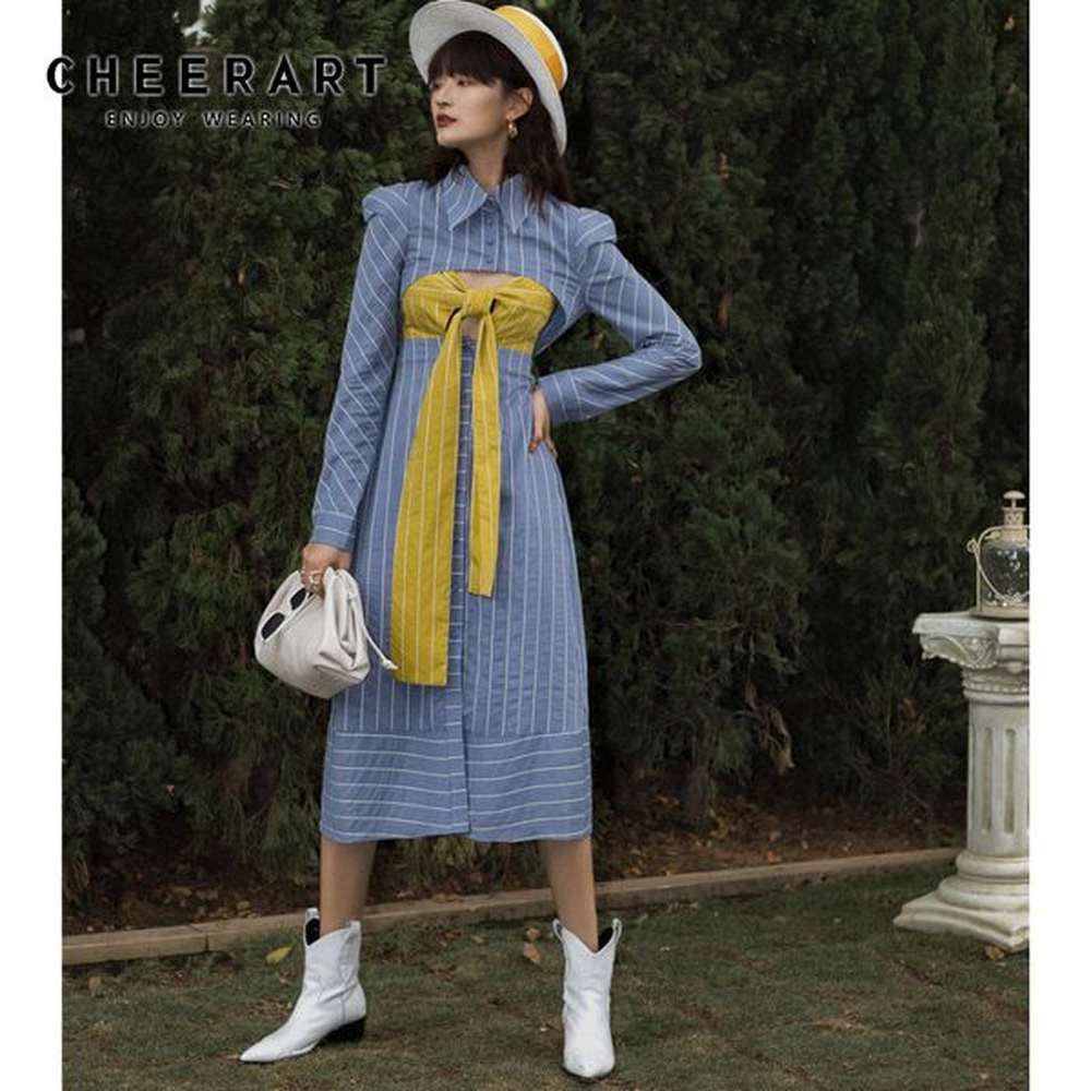 blue striped long shirt dress women puff sleeve tunic a