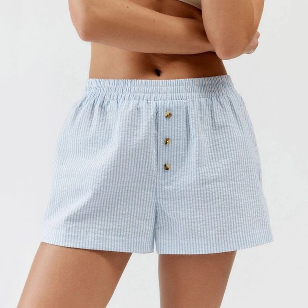 blue striped straigth shorts women summer elastic waist buttons casual