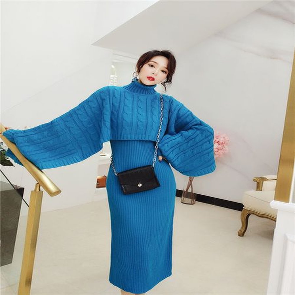 blue yellow autumn winter women two piece sweater dress knitted