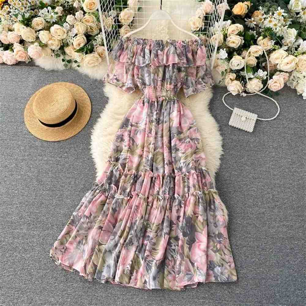 bohemian floral chiffon midi dress women sexy slash neck ruffle