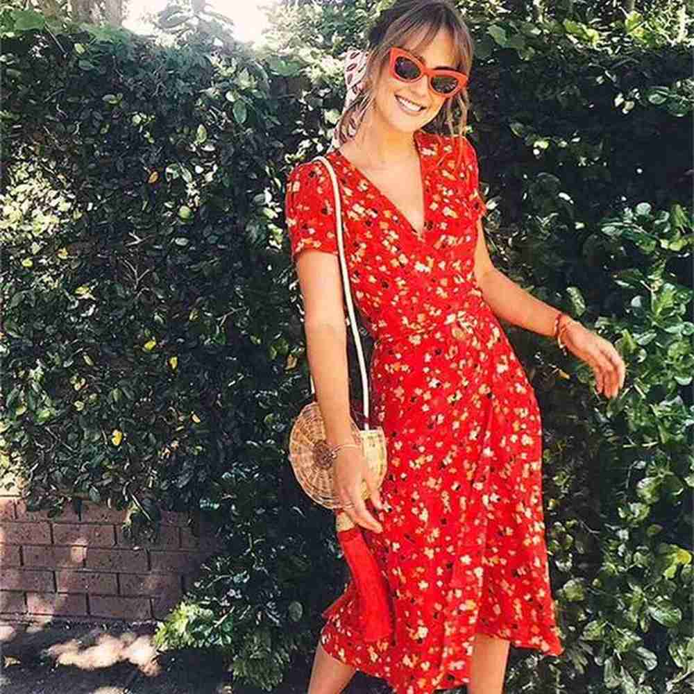 boho inspired wild cherry printed wrap summer dress short sleeve