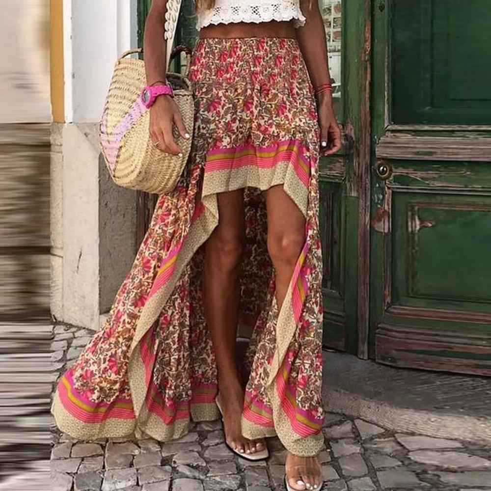 boho print long skirts women summer beach bottoms elastic waist