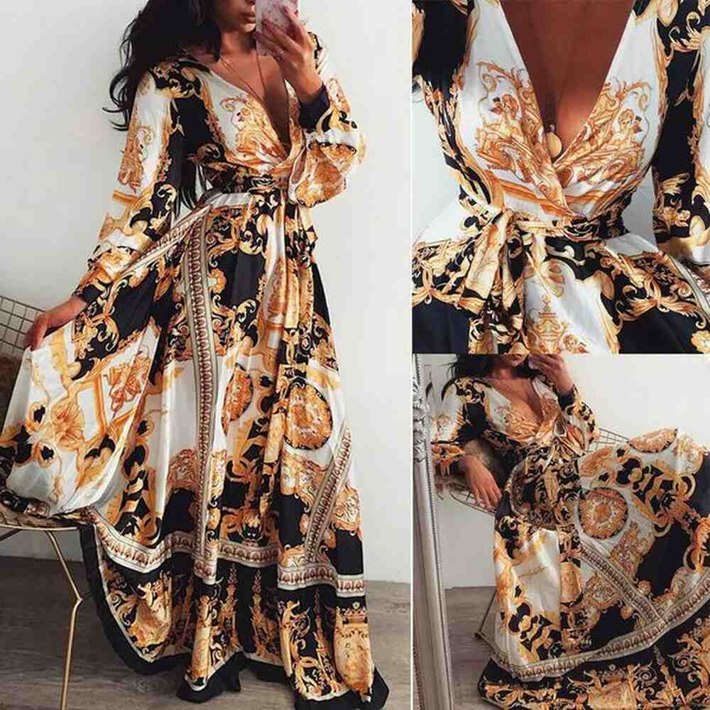 boho summer retro vintage floral print long party dress women