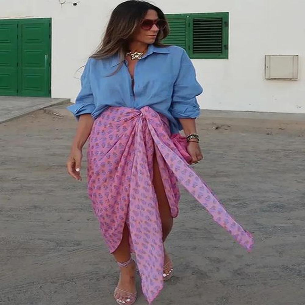 boho women casual print tie side wrap skirt elegant