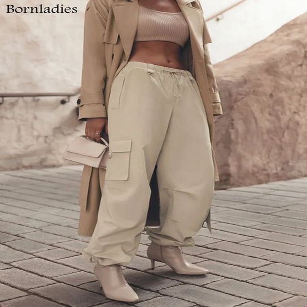 bornladies cargo pants women cotton casual elastic waist loose