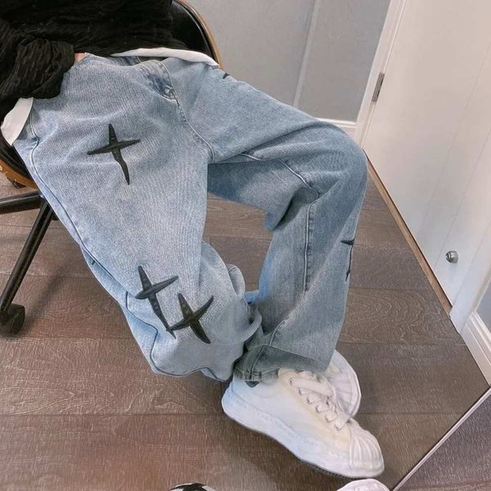 Boyfriend retro fashion straight casual loose denim commodity pants mens er printed star jeans street loose wide leg jeans 250103