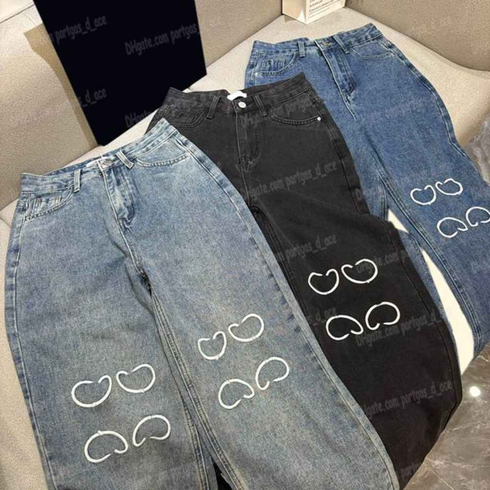 brand embroidered women jeans fashion blue washed denim pants luxury