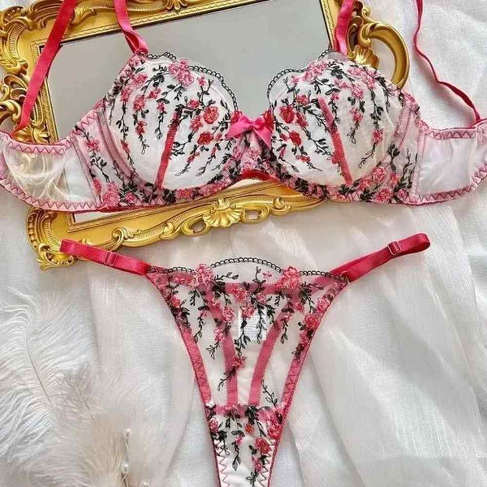 bras sets ladies new highend temperature style floral embroidery transparent