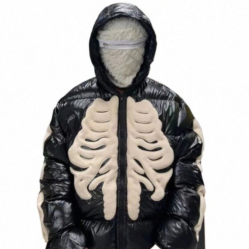 bright Skelet Patch Embroidery Parka Jacket Men Winter Punk Gothic Y2k Thicken Warm Padded Loose Windproof Short Coat Unisex h8Uu#