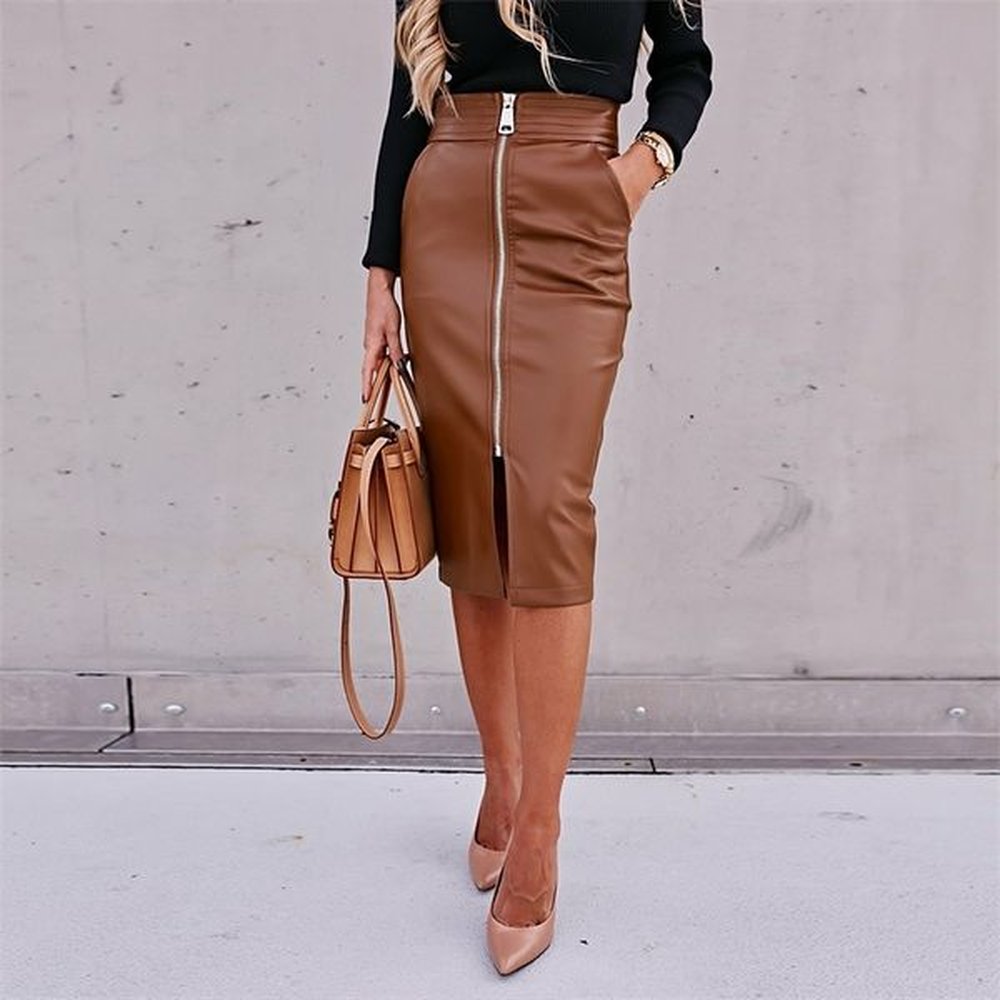 brown black pu women high waist bodycon split office pencil